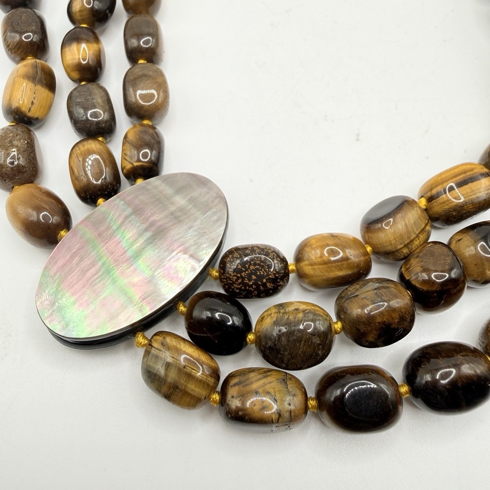 Tiger's Eye Triple Strand Knotted Beaded Choker Necklace & Magnetic MOP Clasp - Picture 6 of 9
